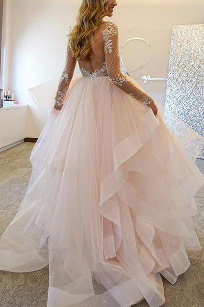 A-Line Elegant Long Sleeves Tulle Wedding Dresses With Appliques