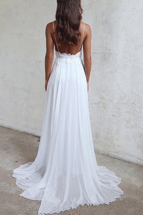 A-line Elegant Straps Long Chiffon Beach Wedding Dress