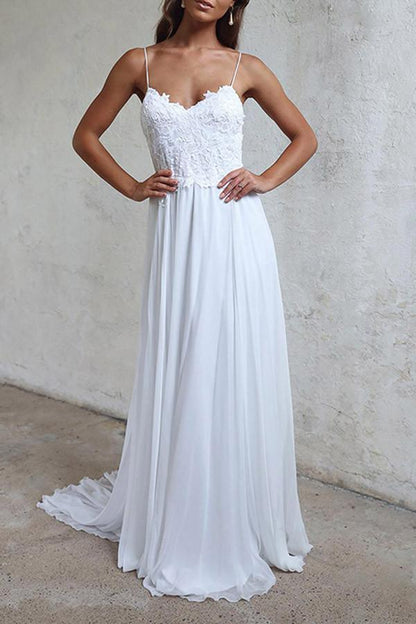 A-line Elegant Straps Long Chiffon Beach Wedding Dress