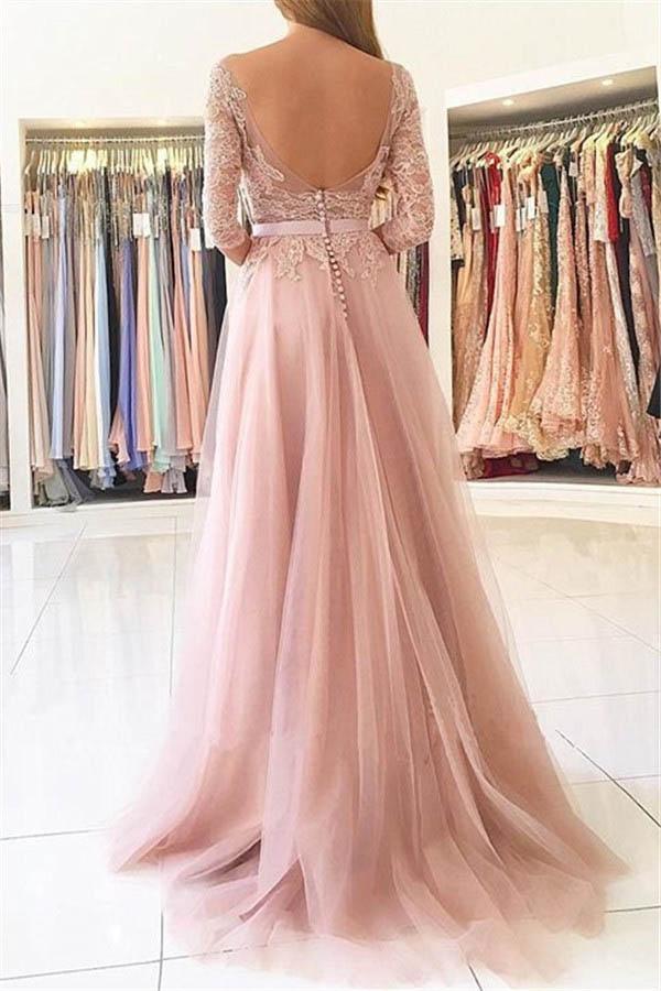 Half Sleeve Split Lace Long Prom Dresses