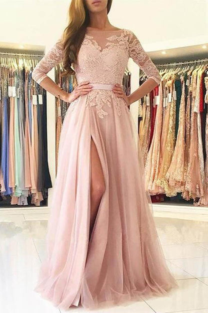 Half Sleeve Split Lace Long Prom Dresses