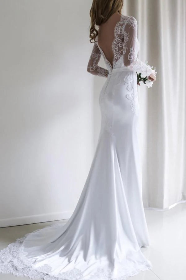 A-line Open Back Romantic Lace Long Wedding Dress