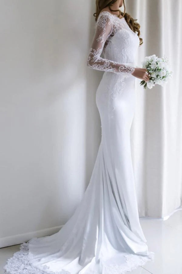 A-line Open Back Romantic Lace Long Wedding Dress