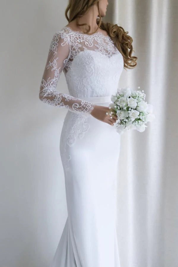 A-line Open Back Romantic Lace Long Wedding Dress