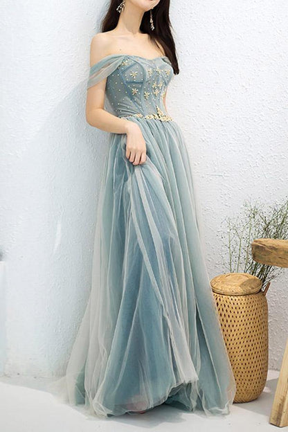 A-Line Elegant Off Shoulder Beaded Long Prom Dress with Appliques