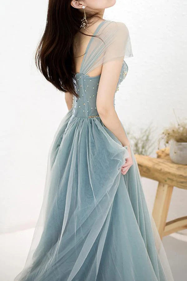 A-Line Elegant Off Shoulder Beaded Long Prom Dress with Appliques