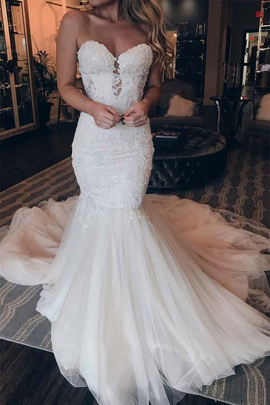 Mermaid Elegant Sweetheart Lace Long Wedding Dress With Beading