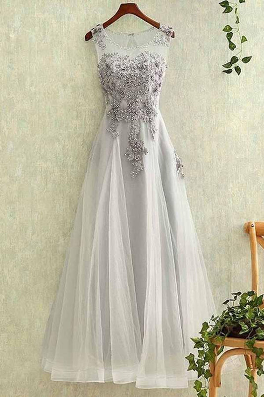 Tulle Lace Applique Long Prom Dresses