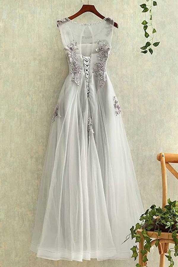 Tulle Lace Applique Long Prom Dresses