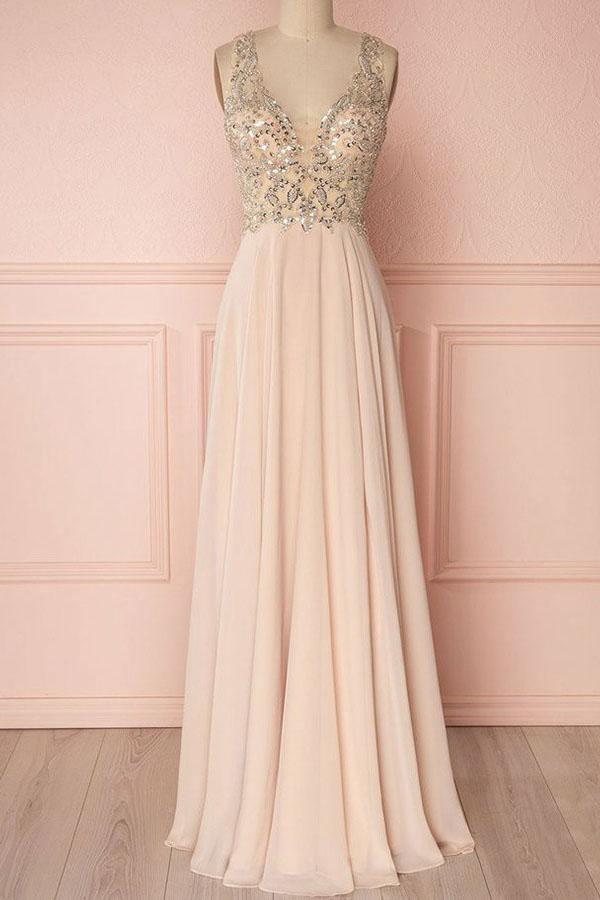 A-line Elegant V-neck Sleeveless Sequins Backless Prom Evening Dress