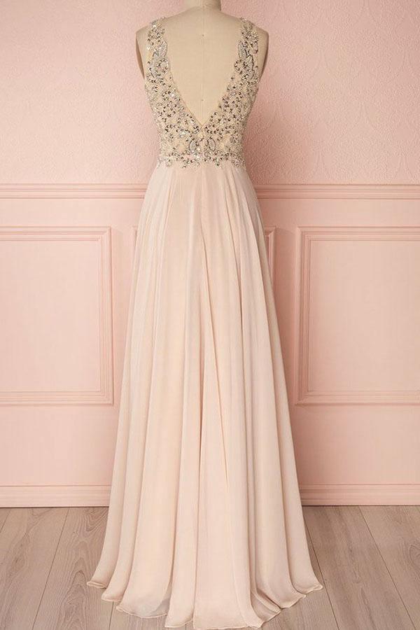 A-line Elegant V-neck Sleeveless Sequins Backless Prom Evening Dress