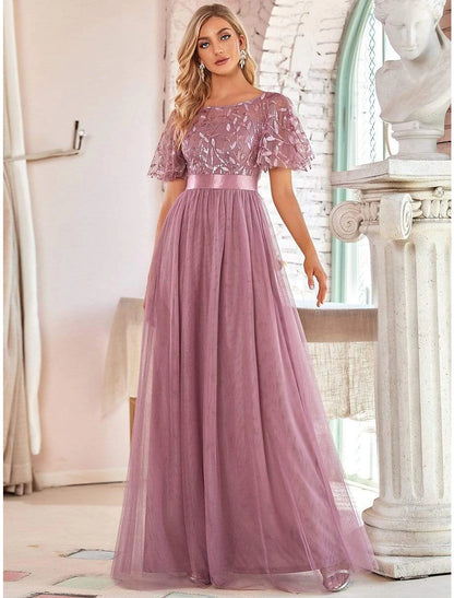 A-Line Empire Elegant Party Wear Prom Dress Jewel Neck Short Sleeve Floor Length Tulle with Embroidery