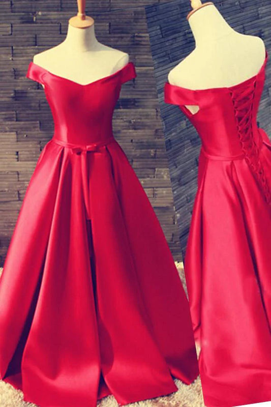 Off Shoulder Floor Length Satin Prom Dress With Belt