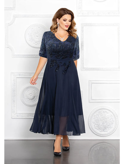 A-Line Mother of the Bride Dress Plus Size Elegant V Neck Ankle Length Chiffon Sequined Half Sleeve with Appliques