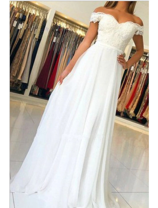 Beach Wedding Dresses A-Line Off Shoulder Cap Sleeve Sweep / Brush Train Chiffon Bridal Gowns With Pleats Appliques