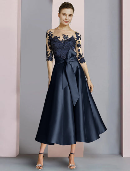 Sheath / Column Mother of the Bride Dress Party Elegant Scoop Neck Ankle Length Satin Lace Half Sleeve with Bow(s) Pleats