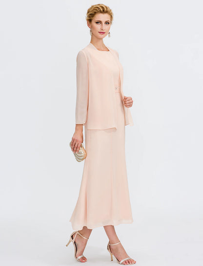 Two Piece Sheath / Column Mother of the Bride Dress Fall Wedding Guest Dresses Plus Size Elegant Jewel Neck Tea Length Chiffon Sleeveless Wrap Included with Sash / Ribbon Pleats Beading