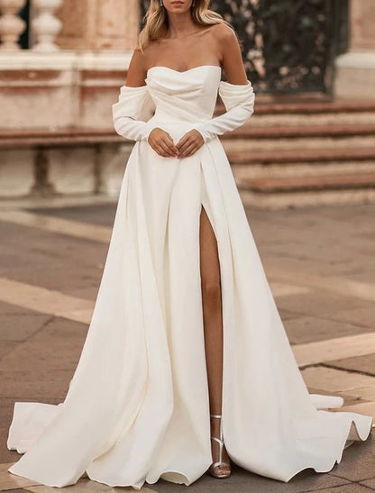 Hall Casual Wedding Dresses A-Line Off Shoulder Long Sleeve Court Train Satin Bridal Gowns With Split Front Solid Color