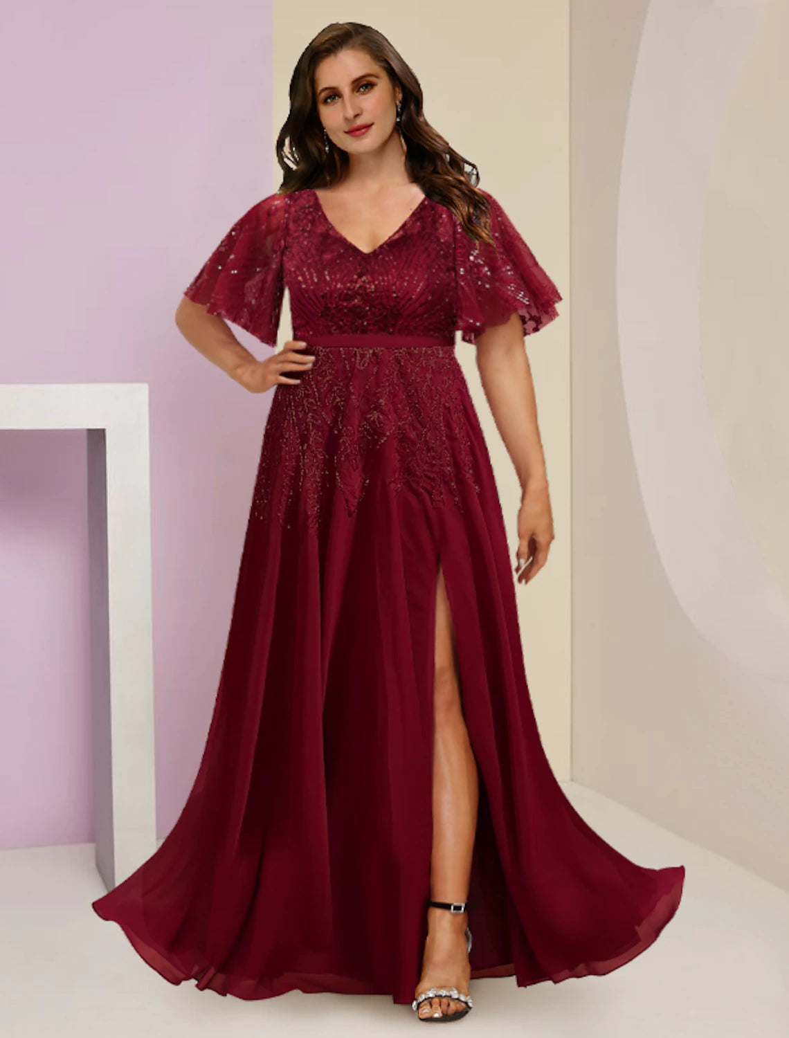 Plus Size Curve Mother of the Bride Dress Wedding Guest Elegant Sparkle & Shine V Neck Floor Length Chiffon Lace Sequined Short Sleeve with Pleats Split Front