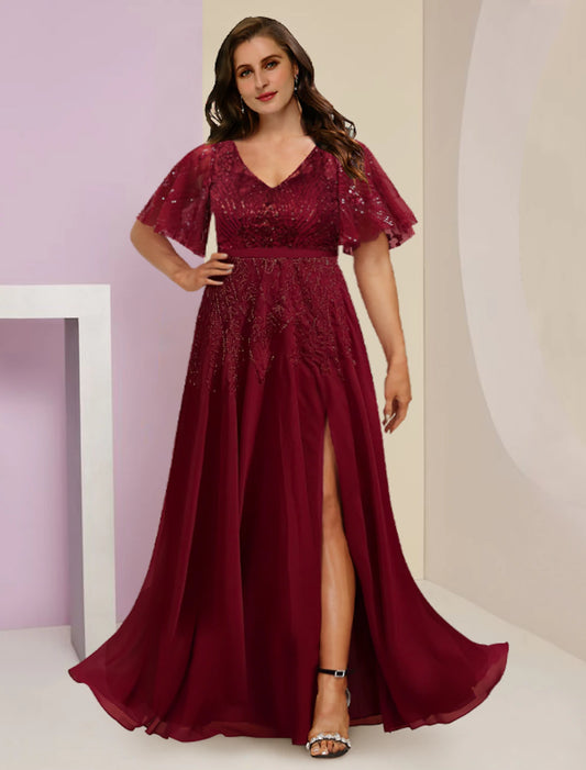 Plus Size Curve Mother of the Bride Dress Wedding Guest Elegant Sparkle & Shine V Neck Floor Length Chiffon Lace Sequined Short Sleeve with Pleats Split Front