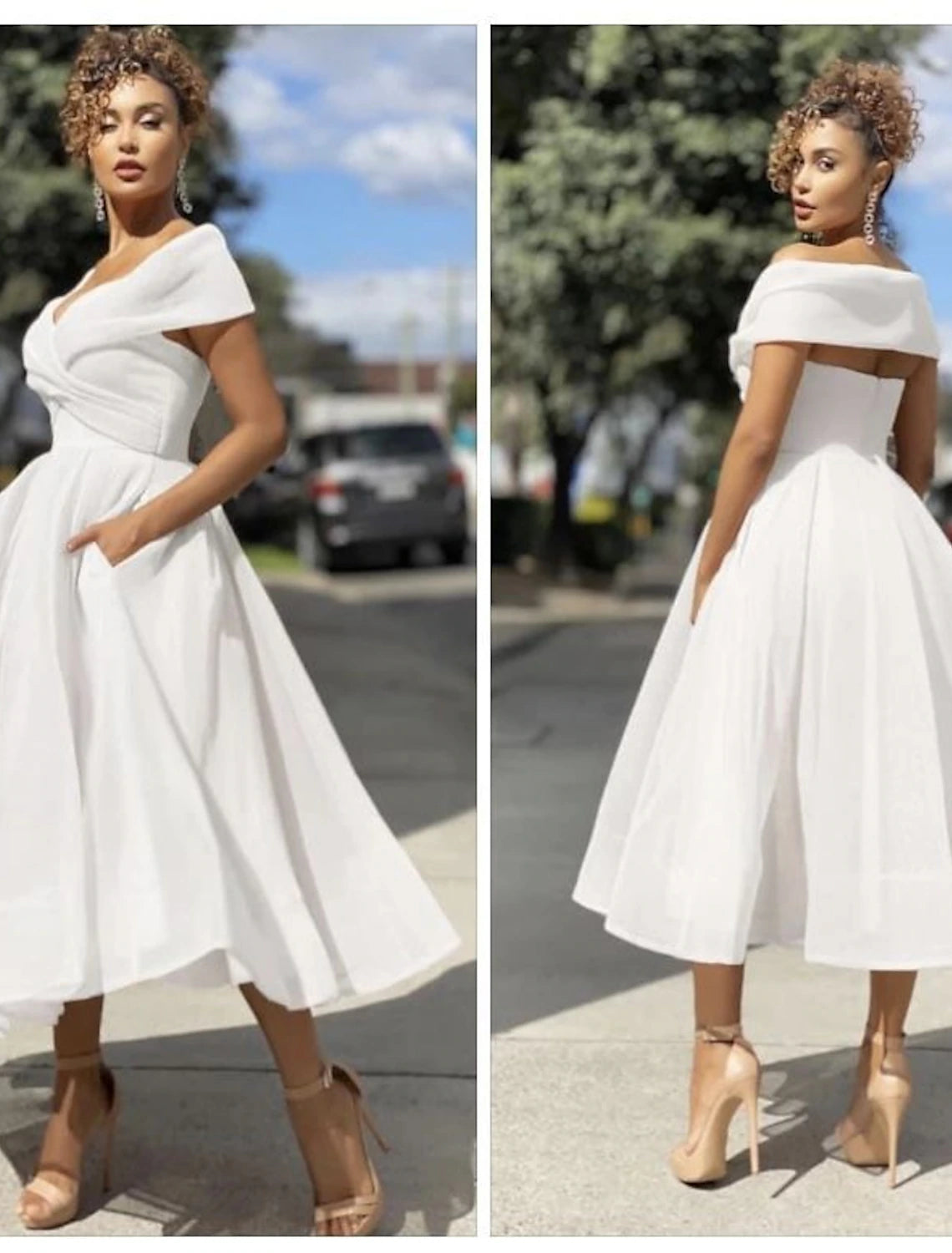 A-Line Cocktail Dresses Vintage Dress Wedding Guest Tea Length Sleeveless Off Shoulder Tulle with Pleats