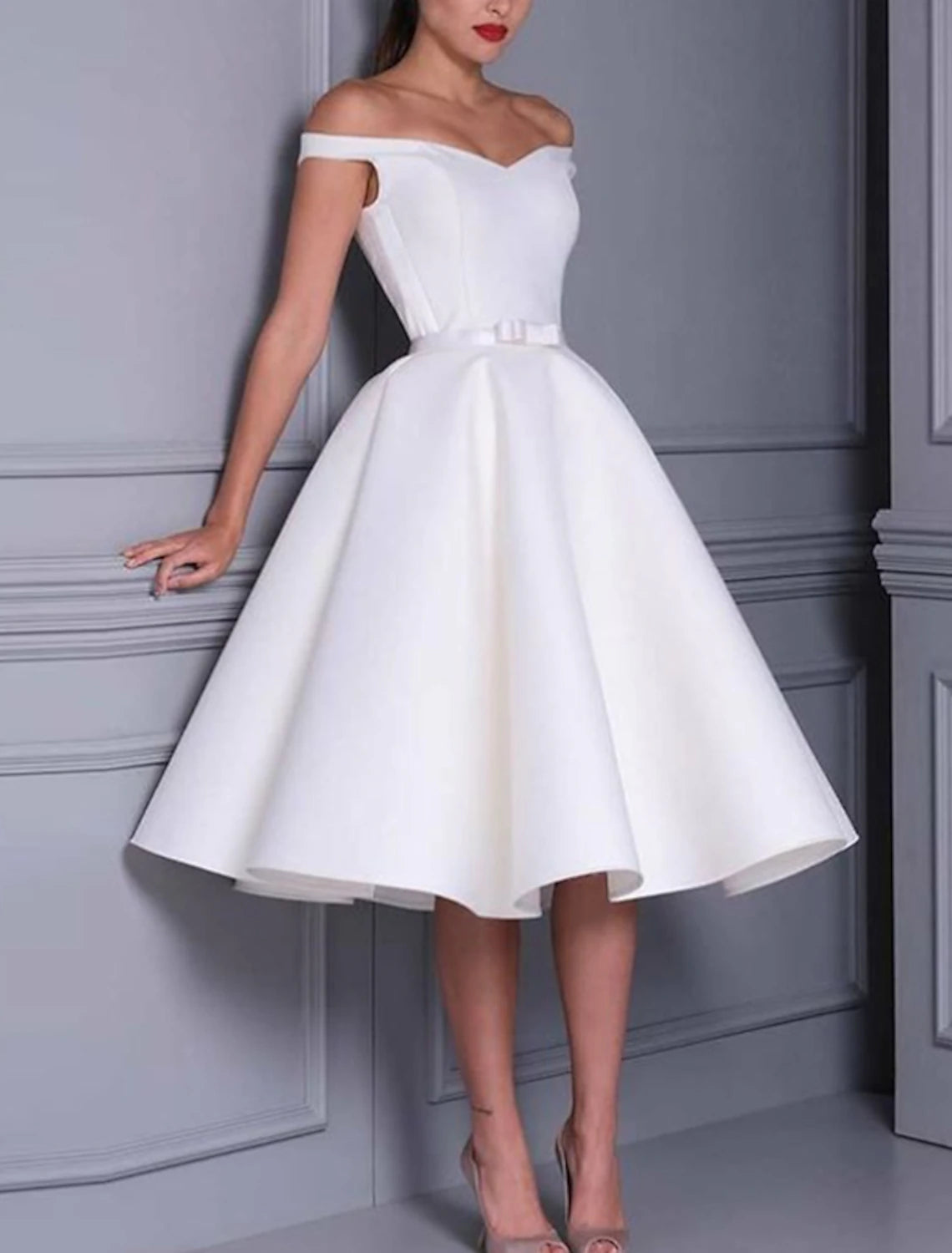 A-Line Cocktail Dresses 1950s Little White Dress For Wedding Tea Length Sleeveless Off Shoulder Satin with Sleek Bow(s) Pure Color