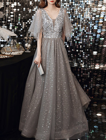 A-Line Evening Gown Elegant Dress Wedding Guest Formal Evening Floor Length Half Sleeve V Neck Tulle with Sequin Splicing