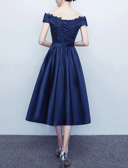 A-Line Cocktail Dresses Minimalist Dress Party Wear Wedding Guest Tea Length Short Sleeve Off Shoulder Satin with Sash / Ribbon Bow(s) Pleats