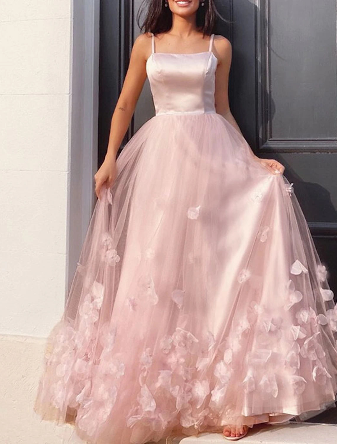 A-Line Prom Dresses Floral Dress Performance Sweet 16 Floor Length Sleeveless Spaghetti Strap Tulle with Pleats Appliques