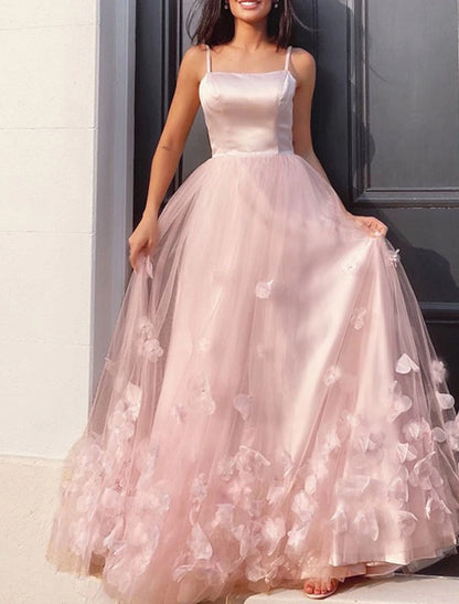 A-Line Prom Dresses Floral Dress Performance Sweet 16 Floor Length Sleeveless Spaghetti Strap Tulle with Pleats Appliques