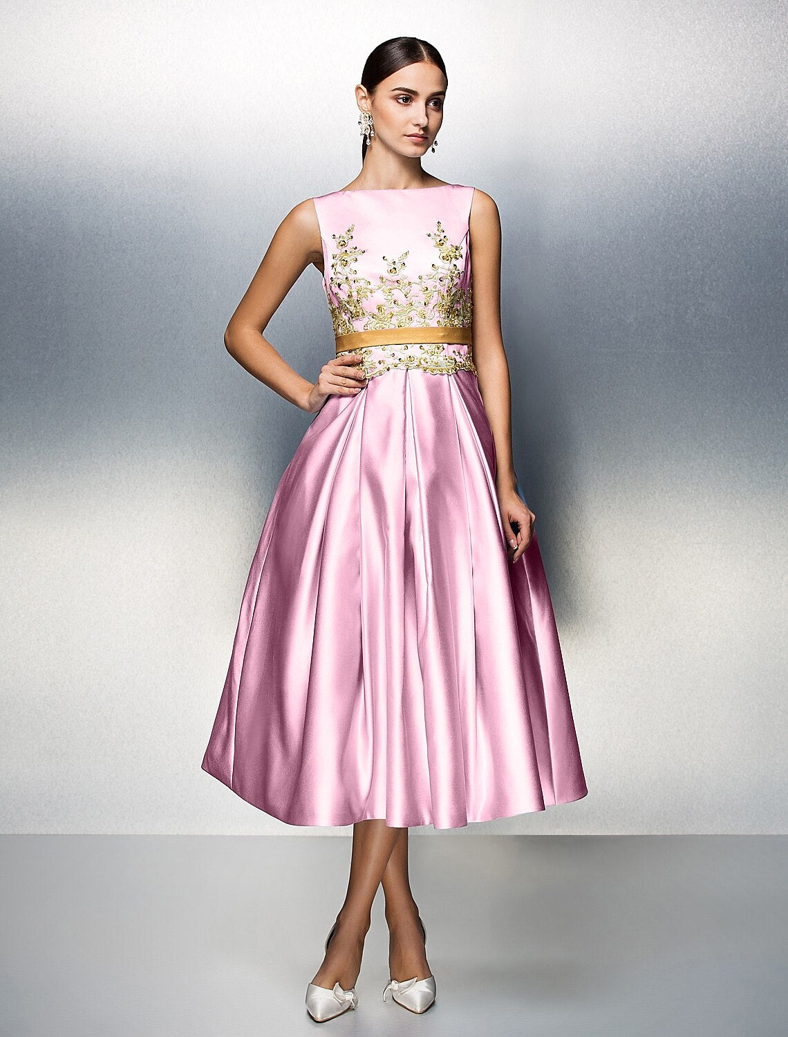 A-Line Party Dress Wedding Guest Tea Length Sleeveless Jewel Neck Satin V Back with Pleats Appliques