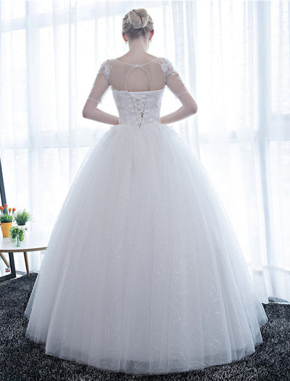 Reception Formal Wedding Dresses Ball Gown Illusion Neck Half Sleeve Floor Length Satin Bridal Gowns With Lace