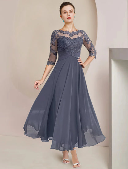 wo Piece A-Line Mother of the Bride Dress Formal Wedding Guest Elegant Scoop Neck Tea Length Chiffon Lace 3/4 Length Sleeve Wrap Included with Appliques Ruching