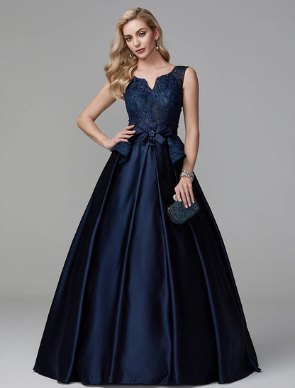 Ball Gown Peplum Quinceanera Formal Evening Dress V Neck Sleeveless Floor Length Lace with Bow(s) Beading