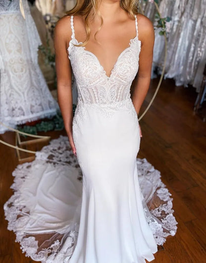 Mermaid Appliques Spaghetti Straps Stretch Satin Wedding Dress