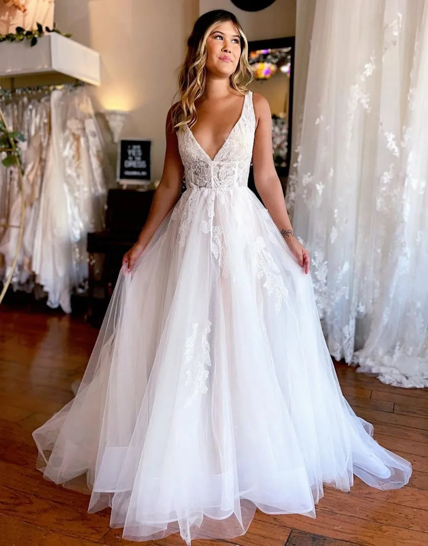 A-Line Appliques V Neck Train Wedding Dress