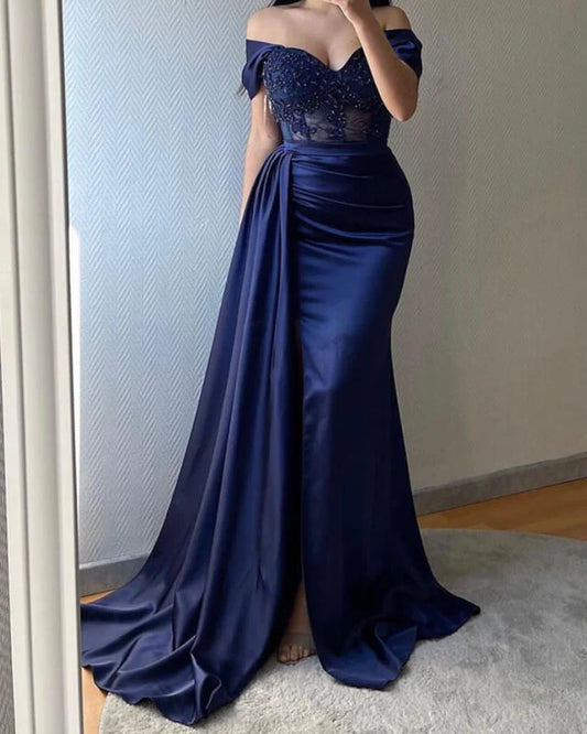 Mermaid Appliques Sheer Corset Satin Prom Dresses With Slit