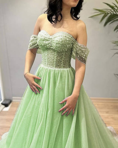 Beaded Tulle Off-the-shoulder Prom Dresses