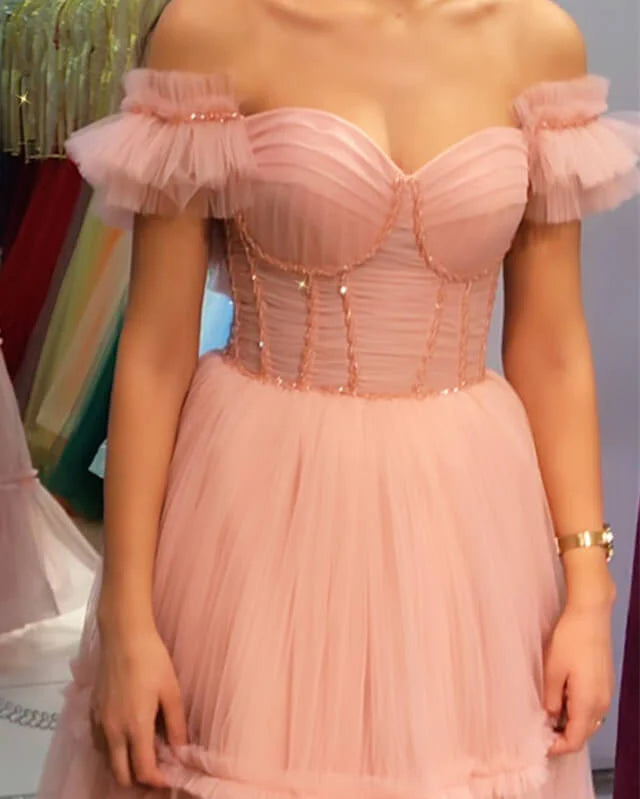 A-line Tiered Tulle Corset Prom Dresses