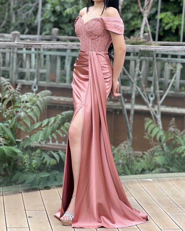 Mermaid Lace Corset Slit Satin Prom Dresses