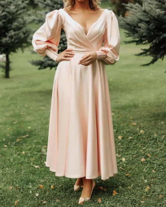 A-line Long Sleeve Midi Satin Prom Dresses