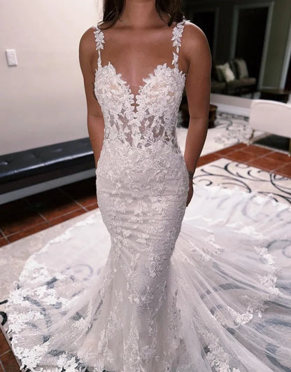 Mermaid Spaghetti Straps Open Back Train Wedding Dress