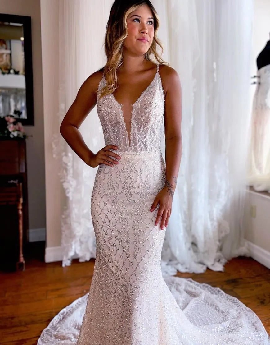 Mermaid V Neck Glitter Wedding Dress