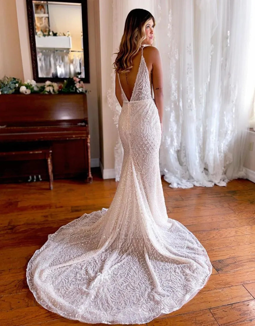 Mermaid V Neck Glitter Wedding Dress