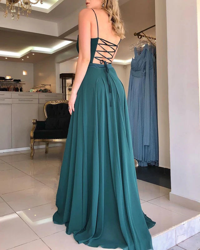 A-line Plunge Neck Open Back Chiffon Split Prom Dresses