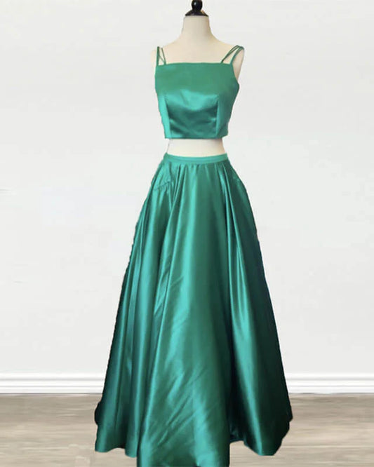 Two Piece A-line Satin Prom Dress With Straps