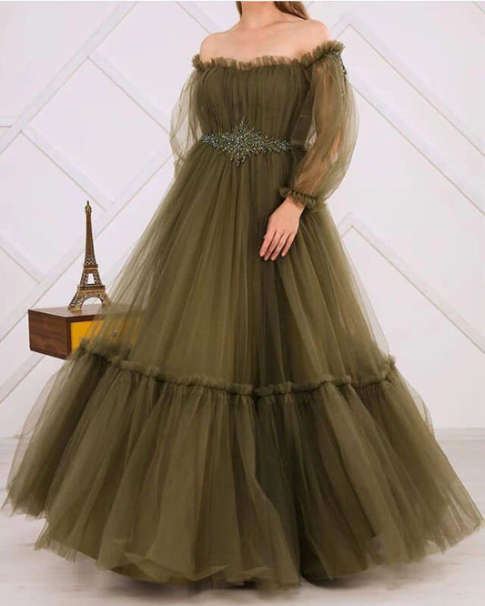 A-line Tulle Long Sleeve Off-Shoulder Prom Dresses