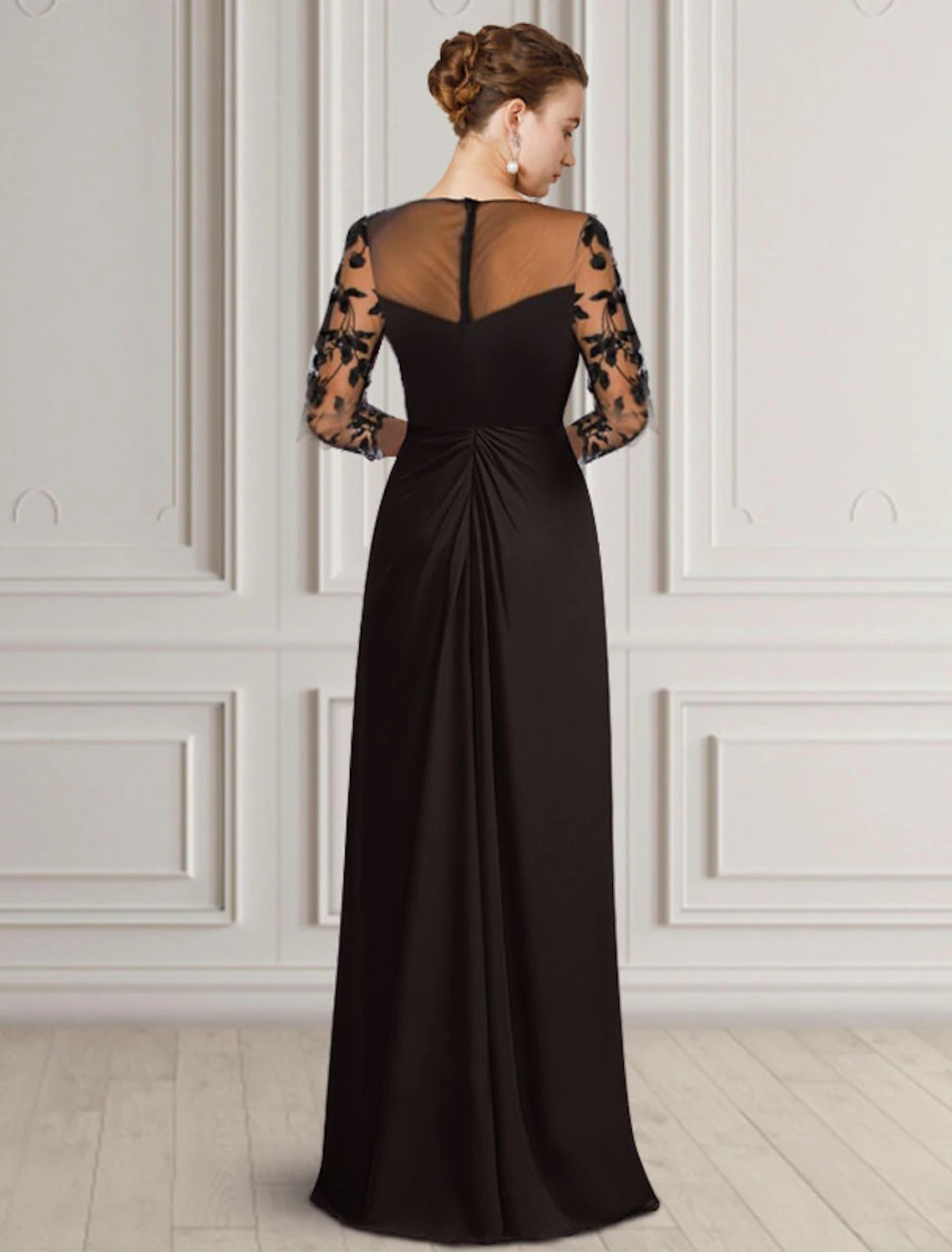 Sheath / Column Mother of the Bride Dress Elegant Jewel Neck Floor Length Chiffon Lace 3/4 Length Sleeve with Appliques