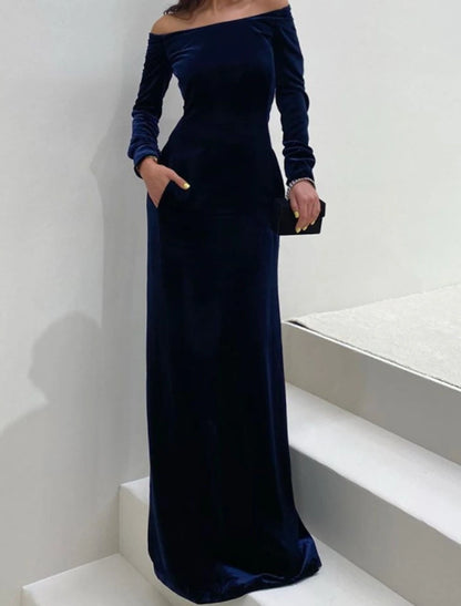 Sheath / Column Evening Gown Elegant Dress Formal Evening Floor Length Long Sleeve Off Shoulder Fall Wedding Guest Velvet with Sleek