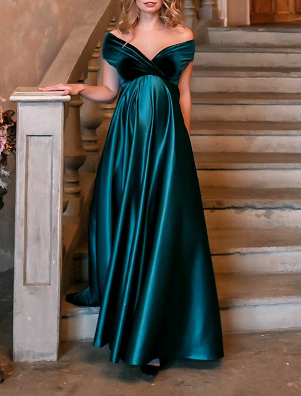 A-Line Evening Gown Maternity Dress Red Green Dress Formal Floor Length Short Sleeve V Neck Charmeuse with Ruched Pure Color